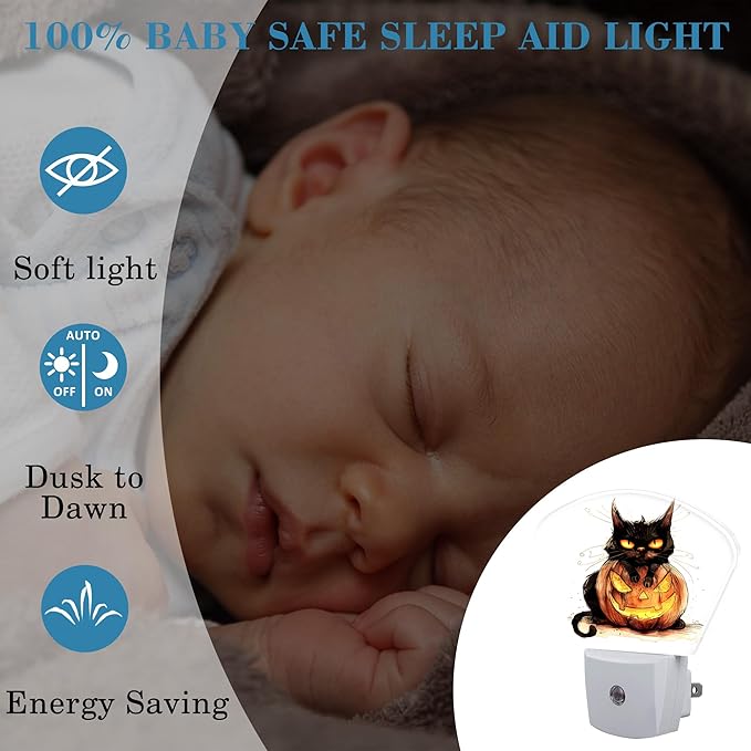 Halloween Black Cat Night Light for Kids, Halloween Pumpkin LED Night Light Plug into Wall with Dusk to Dawn Sensor for Girls Boys Women Men Bedroom, Hallway, Kitchen, Bathroom, Stairs Decor