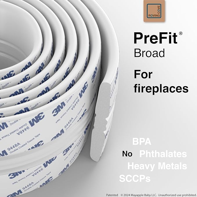 Roving Cove PreFit (Broad) Fireplace Edge Corner Protector (Extra Wide 9ft Edge 2 Corners), Baby Proofing Bumper Guards, Oyster White (Off White), Pre-Taped, for Straight Surfaces - New & Improved