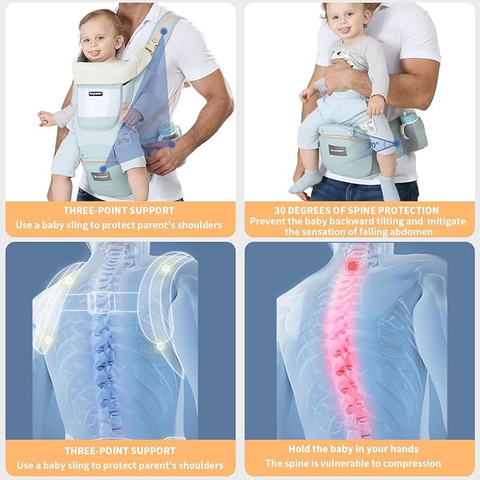 KIYUMI Baby Carrier with Hip Seat, 6- in-1 Baby Carrier Newborn to Toddler, Ergonomic M Position, Head Support and Breathable Mesh,Adjustable Removable Baby Sling Carrier (7-45 lbs), STARSKYBLUE
