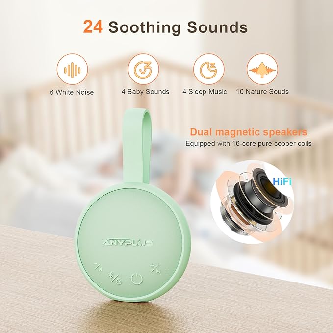 White Noise Sound Machine, Portable Sound Machine for Sleeping Adults & Baby, with Bluetooth 5.1/24 Soothing Sounds/Battery Powered/3 Timer Memory Function for Office/Bedroom/Travel（Green）