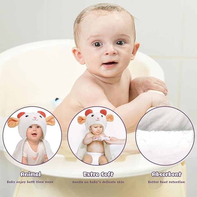 Hooded Bath Towels for Babies, 50 * 32 Inches Skin-Friendly Baby Towel with Animal Hood, 2-Pack Ultra Absorbent Thick Soft for Boys&Girls, White Sheep & Green Giraffe