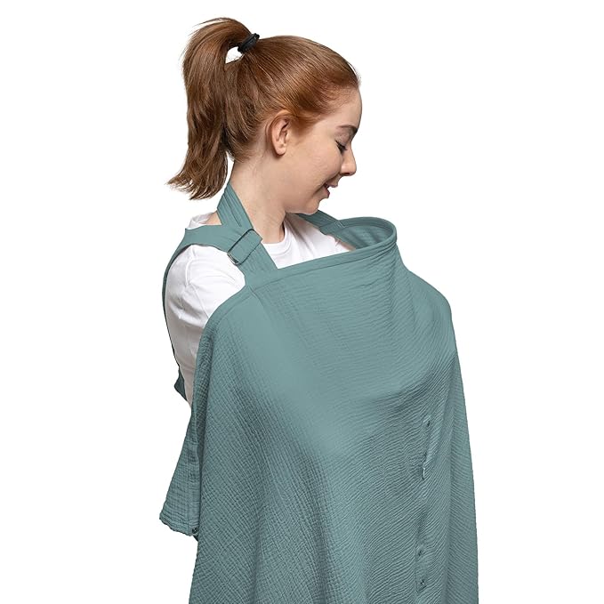 Nilsa 5-in-1 Muslin Nursing Cover up for Breastfeeding & Baby Car Seat Cover - Breathable Breastfeeding Cover With Rigid Hoop - 100% Cotton Privacy Apron Breast Feeding Covers For Women (Mint green)