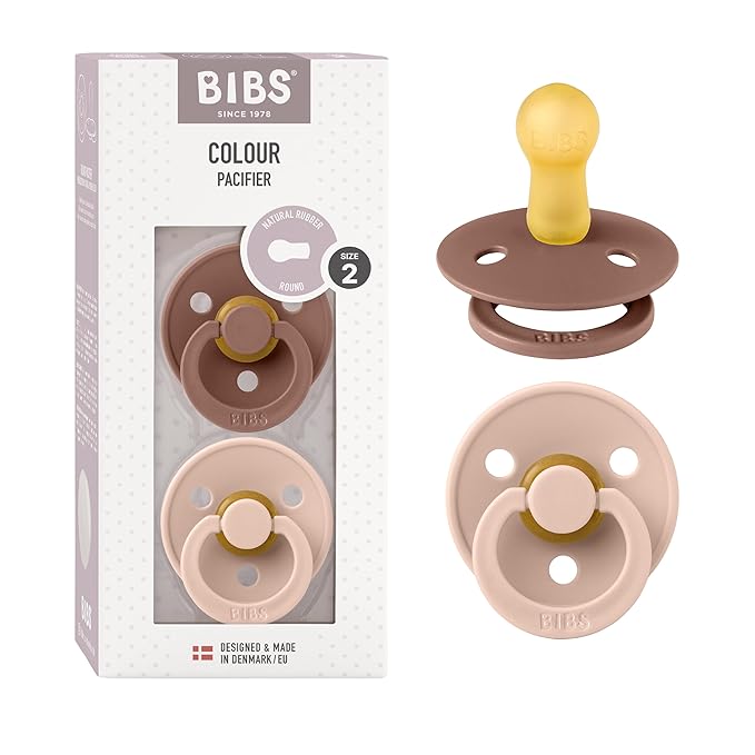 BIBS Pacifiers Colour Collection | Natural Rubber Baby Pacifier | Set of 2 BPA-Free Soothers | Made in Denmark | 6+ Months (Pack of 2) | Woodchuck/Blush
