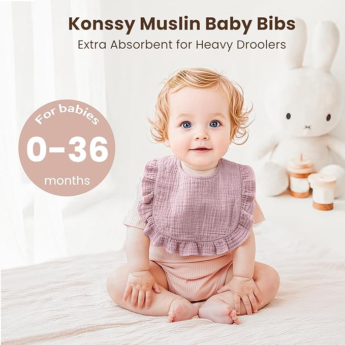 Konssy Muslin Baby Bibs for Girls – Soft 100% Cotton Drool Bibs, Ruffle Trim for Newborns & Toddlers 0-36 Months 3-Pack