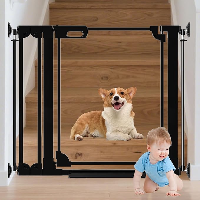 Clear Baby Gate 29.13-37.79" Wide Acrylic Safety Proof Dog Puppy Pet Barrier for Stairs, Transparent Adjustable Pressure Mounted No Drill Auto Close Indoor, Doorways, Hallway,Black