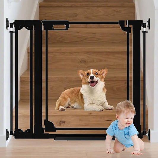 Clear Baby Gate 29.13-37.79" Wide Acrylic Safety Proof Dog Puppy Pet Barrier for Stairs, Transparent Adjustable Pressure Mounted No Drill Auto Close Indoor, Doorways, Hallway,Black