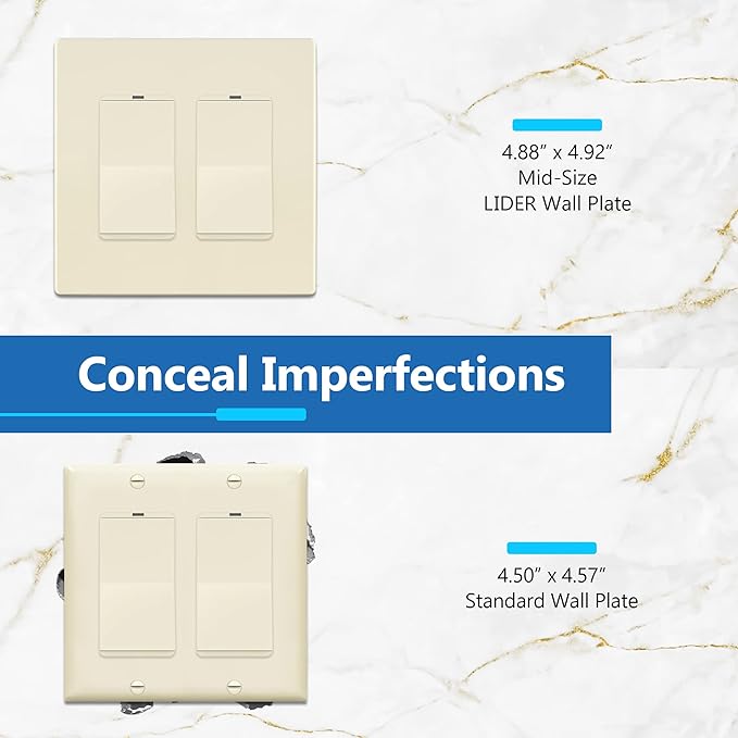 LIDER Matte Finish Double Decorator Switch Cover, Screwless Wall Plate, Mid-Size 2-Gang 4.88" x 4.92", Unbreakable Polycarbonate Thermoplastic, UL Listed, LSWP-32M-LA10P, Light Almond, 10 pack