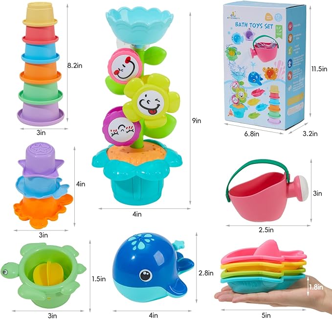 Mold Free Bath Toys for Kids Ages 1-3, 17PCS Easy Clean & Colorful Baby Bath Toys for Toddlers 2-4 with Stacking Cups Fun Bathtub Pool Water Table Toys for Baby and Toddler Christmas Stocking Stuffers
