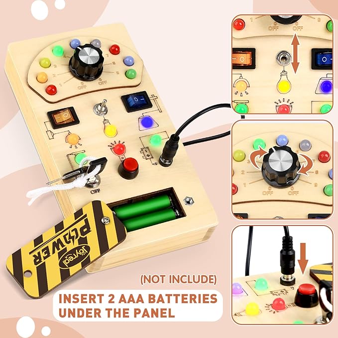 Joyreal Toddler Busy Board, Wooden Montessori Busy Board Sensory Board with LED Light Switch, Sensory Toys Baby Fidget Board Travel Toys for Toddler