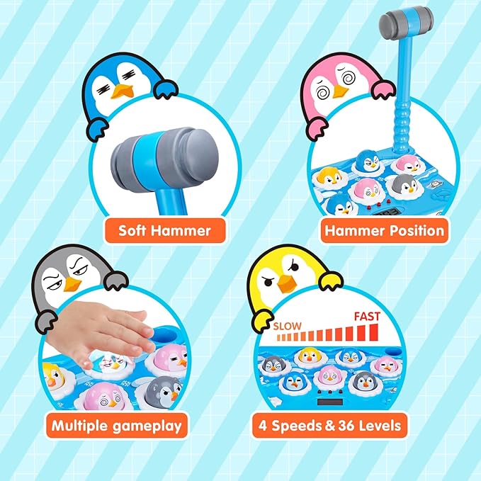 FS Pounding Toys, Penguin Pounding Game for Toddler, Interactive Music Toys for Kids Ages 3-5 Years Old Boys and Girls, Game Toy with 2 Hammers, 36 Levels