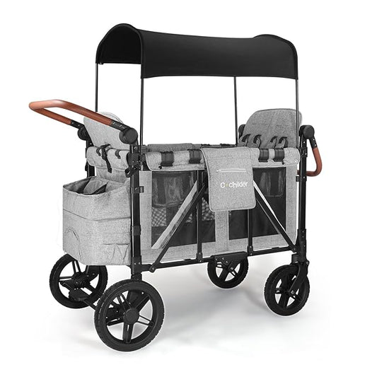 Premium 4-Seater Wagon Stroller for Kids, All-Terrain Heavy Duty Stroller Wagon with 300lb Capacity, 1-Hand Fold, High Seats with 5-Point Harness, Adjustable Canopy & Handlebars, Light Gray