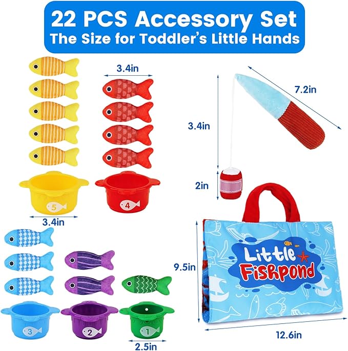 Montessori Toys for 1 Year Old Boy Girl Birthday Gift - Toddler Toys Cloth Fishing Game with Stacking Cups 1-3 - Number Counting Color Sorting Learning Baby Toy 12-18 Months