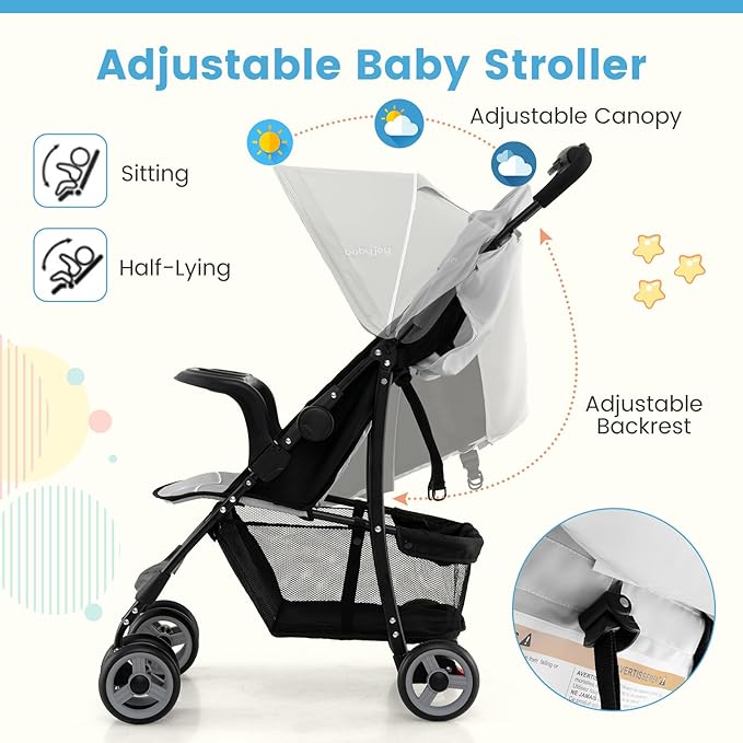 Baby Joy Lightweight Stroller, Compact Toddler Travel Stroller for Airplane, Infant Stroller w/Adjustable Backrest/Footrest/Canopy, 5-Point Harness, Storage Basket, Easy One-Hand Fold (Gray)