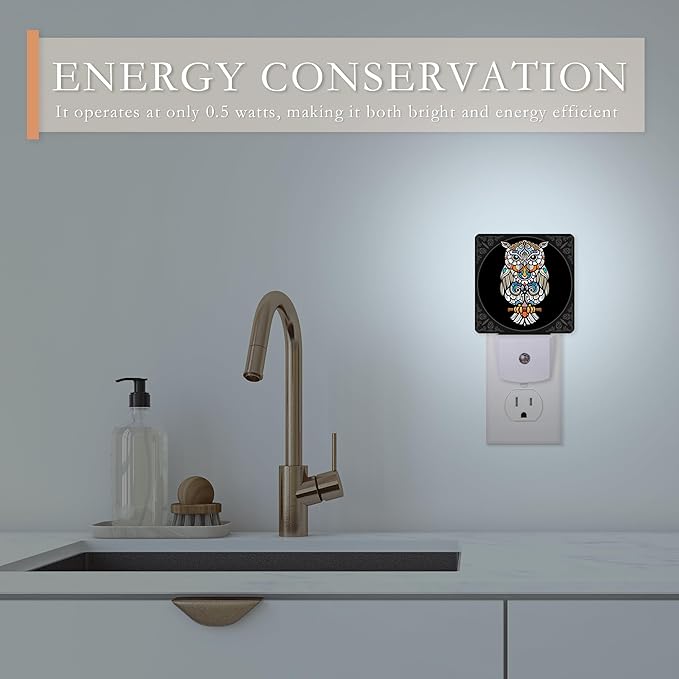 Colorful Owl Bird Night Light Plug into Wall, Mandala Night Light with Dusk to Dawn Sensor for Kids, Room Decor, Hallway, Kitchen, Bathroom, Nursery, Stairs