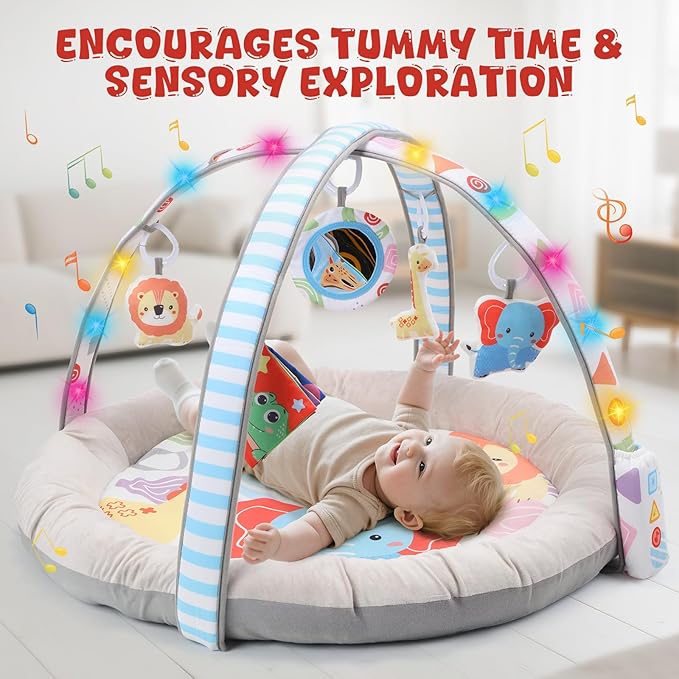 CUTE STONE Baby Play Gym & Tummy Time Mat with Lights, Sounds, Detachable Toys, Adjustable Volume Activity Gym Baby Mat for Infant Sensory & Motor Development, Newborn Baby Gift