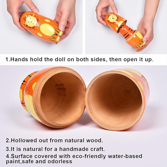 Russian Nesting Dolls, 5 Pcs 6 "Tall Animal Nesting Easter Eggs Toys, Stacking Wooden Handmade Matryoshka Dolls for Kids Toddlers Birthday or Home Decoration Gift (Round Lion)