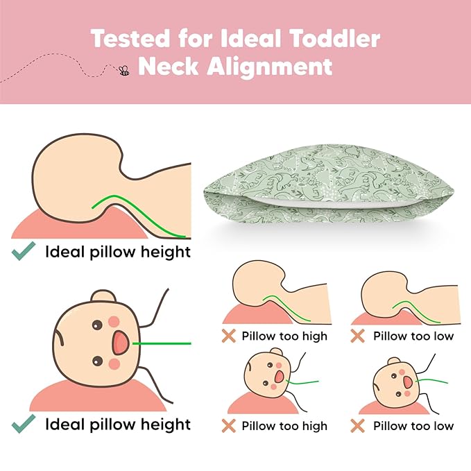 Toddler Pillow with Pillowcase - 13x18 My Little Dreamy Kids Travel Bed Pillows for Sleeping, Organic Cotton Small Pillowcase, Soft & Breathable, Machine Washable, Toddlers 2-5 Years Old (DinoDood)