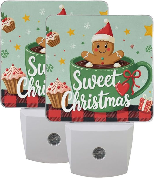 Aslsiy Night Light for Kids Gingerbread Man Cup Christmas Plaid Plug in Wall Lamp LED Dusk to Dawn Sensor Energy Saving Nightlight for Boys Girls Men Women