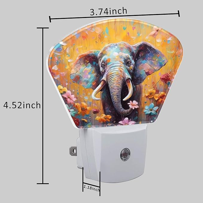 Watercolor Elephant Night Light for Kids Girls Boys, Flowers LED Night Light Plug into Wall with Dusk to Dawn Sensor for Bedroom, Hallway, Kitchen, Bathroom, Stairs Decor