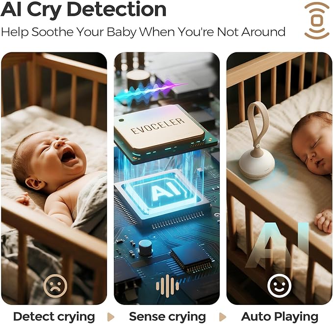 EVOCELER | Portable White Noise Sound Machine for Babies and Kids | Auto Cry Detection | 9 Soothing Sounds | Sleep Soother | Voice Recording | 15H Battery | Travel | Baby Registry Gift | Stroller Clip