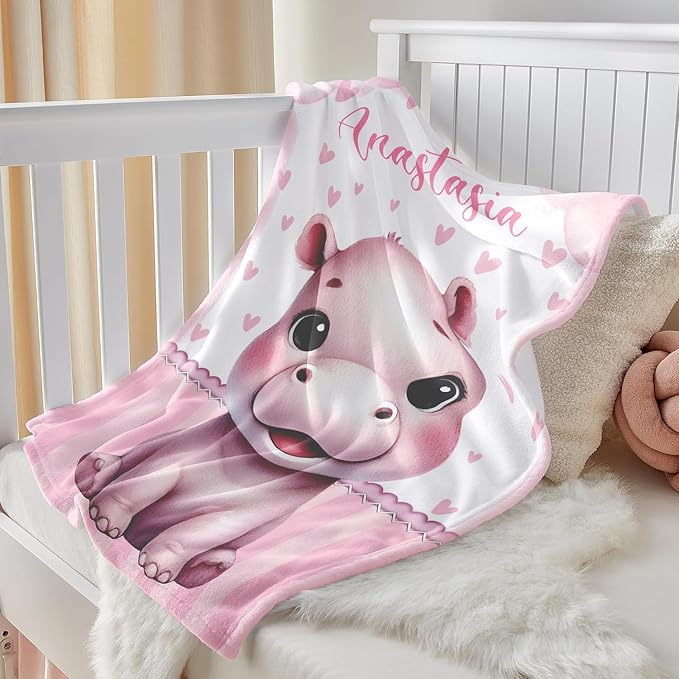 Personalized Baby Blanket for Girls, Custom Baby Blanket with Name, Soft Cozy Personalized Name Blankets for Kids, Customized Hippo Blankets for Infant Toddler Birthday Christmas