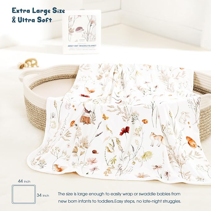 GRSSDER Baby Swaddle Blanket 2 Pack, Super Soft Jersey Knit Quilt Blankets for Baby Girls, Reversible Double Layer Receiving Blankets 34 x 44 Extra Large for Swaddling, Pink Rose & Blush Flora