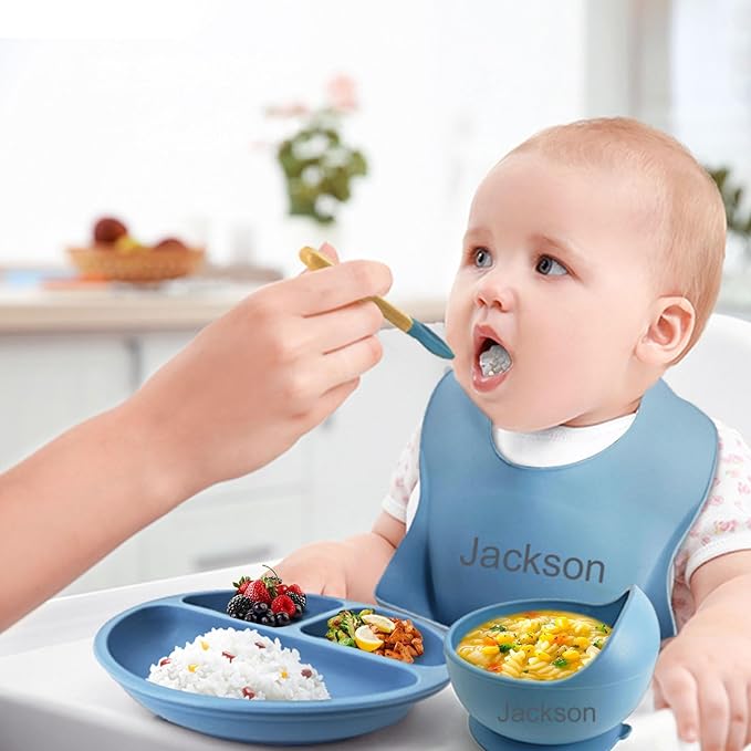 Personalized Silicone Baby Feeding Set with Name, Customized Baby Led Weaning Supplies Self Feeding Eating Utensils with Spoon, Fork, Silicone Suction Bowls, Cup, Plate Mint Green