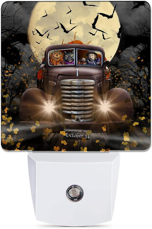 Halloween Truck Night Light, Witch Cat Pumpkin Night Lights Plug into Wall Decorations for Bedroom, Bathroom, Dusk to Dawn Sensor Nightlights for Girls Women Room Gifts