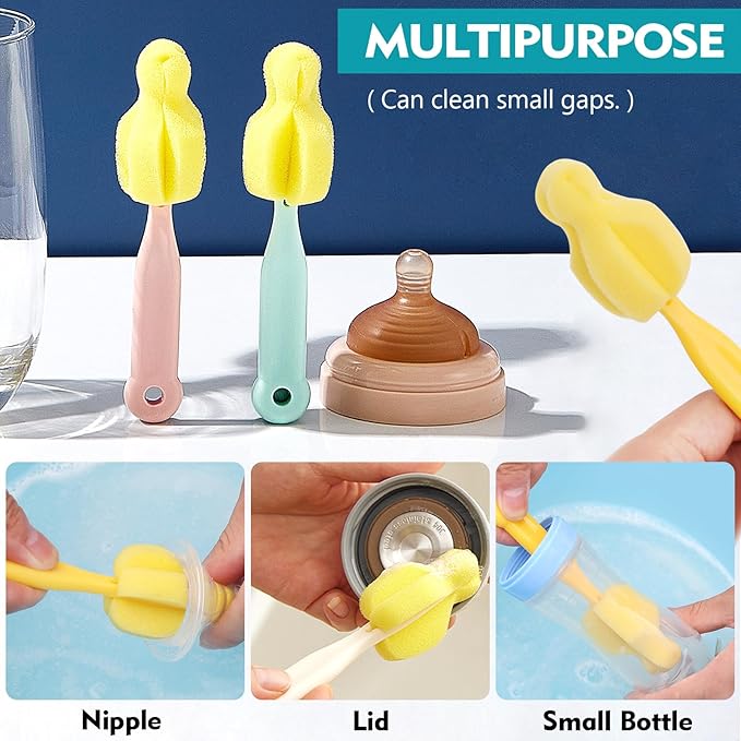 Sponge Bottle Brush 12 PCS Sponge Nipple Brushes Baby Bottle Nipple Cleaning Brush Long Handle Baby Milk Bottle Brush (12PCS)