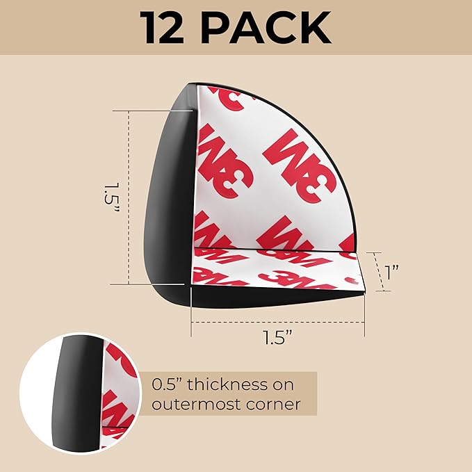 Baby Proofing Corner Protector Baby 12 Pack Black – Food Grade Silicone Table Corner Protectors – L Shaped Furniture Edge Guards with Strong 3M Adhesive – Safe Non Choking Size for Kids and Toddlers