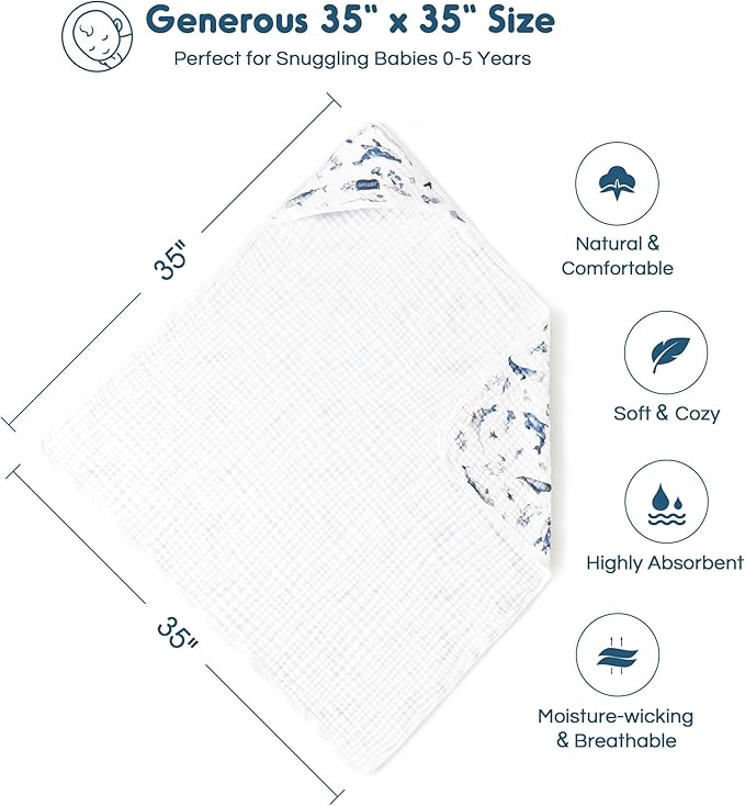 GRSSDER Ultra Soft Absorbent Muslin Cotton Baby Hooded Towel 2 Pack with Original Patterns, Extra Large Size 35"x 35" Swaddle Wrap for Newborn Infant and Toddler
