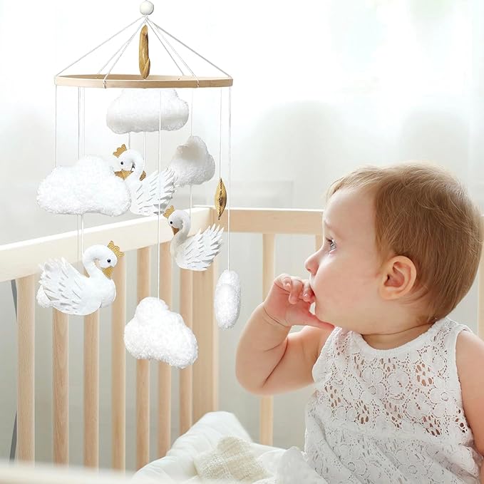 Baby Mobile White Swans with Golden Crowns Felt Clouds Baby Mobile for Crib Boys Girls Neutral Baby Gift Hanging for Nursery Decor Accessories