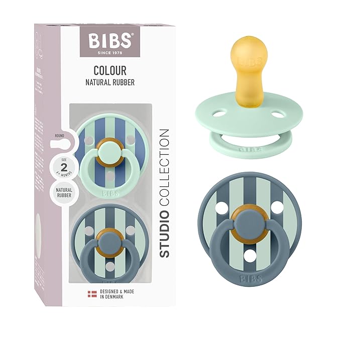 BIBS Pacifiers - Studio 2 Pack | Round Nipple Baby Pacifier | BPA Free Natural Rubber Latex Soother | Made in Denmark | Size 6+ Months | Block Nordic Mint Petrol
