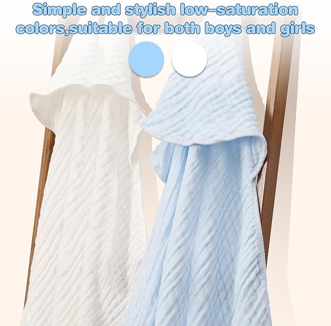MUKIN Baby Hooded Towels, Muslin Cotton, 2-Pack, for Newborn, Infant, Toddler and Kids (White,Blue)