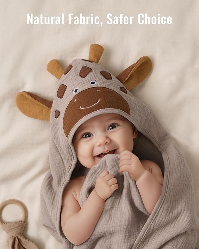 Blissful Diary Muslin Baby Hooded Towel, Soft and Absorbent Bath Towel for Newborn, Infant, Toddler, Unisex, 32″x32″ - Gentle Giraffe
