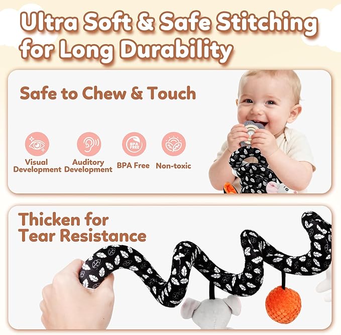 Baby Carseat Toy Black & White Rattle Spiral Hanging Activity Stroller Toy for Newborns Boys and Girls - Cat