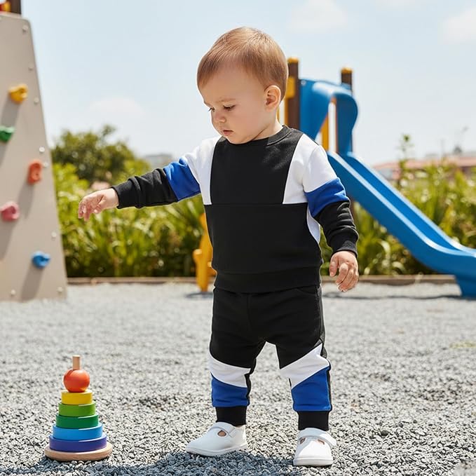 Kupretty Toddler Baby Boy Fall Winter Clothes Color Block Long Sleeve Sweatshirt Pullover Tops + Joggers Pants Outfit Set