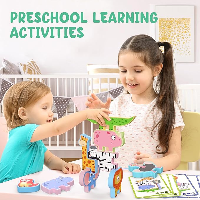 Montessori Toys for Toddlers, 10 Pack Wooden Animal Stacking Blocks, Sorting & Stacking Preschool Learning Activities, Gift for Boys, Girls