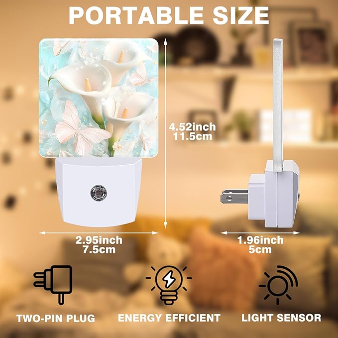 Calla Lilies and Butterflies Night Light, Plug-in Nightlight with Dusk to Dawn Auto Sensor for Home Bedroom Hallway Kitchen 0.5W Sleep Friendly Led Lamp for Women Men