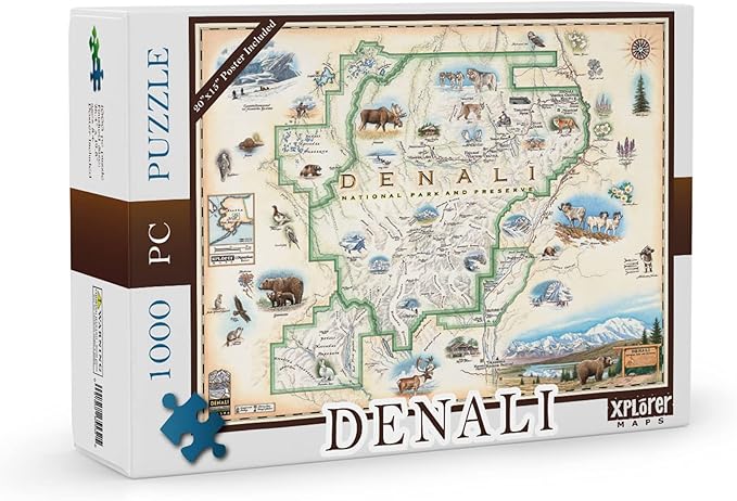 Denali National Park Map Cardboard Jigsaw Puzzle - 1000 Pieces, Hand-Illustrated - Educational, Family Activity, Ages 7+, Includes Poster - 25.4 x 19.8