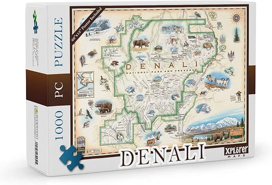 Denali National Park Map Cardboard Jigsaw Puzzle - 1000 Pieces, Hand-Illustrated - Educational, Family Activity, Ages 7+, Includes Poster - 25.4 x 19.8