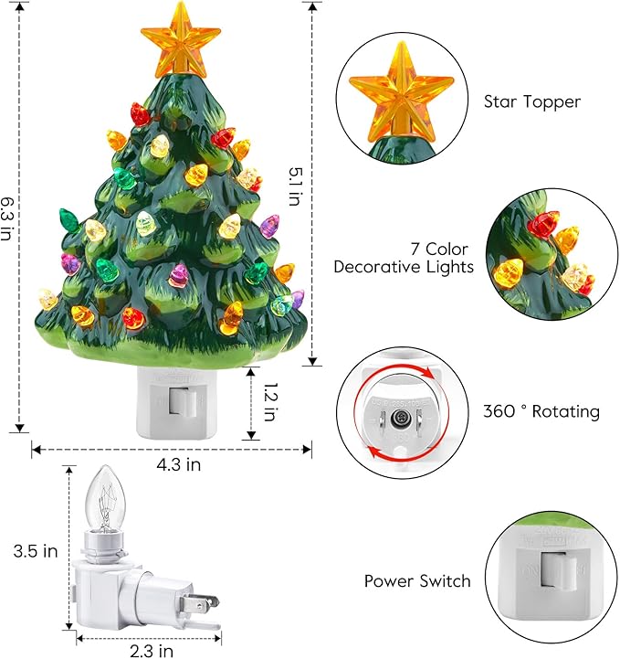 Brightown Ceramic Christmas Tree Night Light - 2 Pack Christmas Decorative Ceramic Tree with ON/Off Switch, Vintage Christmas Night Light for Bedroom Porch Holiday Decor