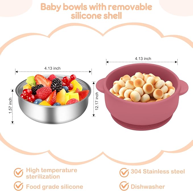 4 Pack Stainless Steel Baby Bowls with Removable Non-Slip Silicone Suction Shell, Anti Scald Food Container for Baby Food Feeding-Skyblue/Gray/Red/Cream