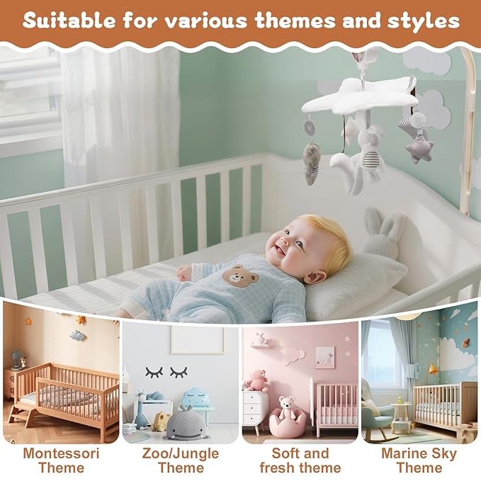 Baby Crib Mobile for Boys or Girls, Mobile Arm&Rotary Music Box Featuring Rabbits Bears Hanging Toys Decor for Montessori Nordic Infant Bedroom Perfect 0 1 2 3 Baby Shower Birthday Christmas Gift