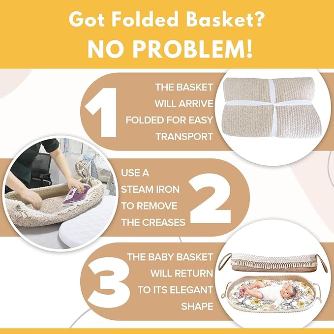 Baby Changing Basket Set with Diaper Caddy Organizer Macrame Boho Moses Basket for Babies, Handmade 100% Cotton Rope, Woven Portable Nursery Decor Waterproof Pad & Floral Pad