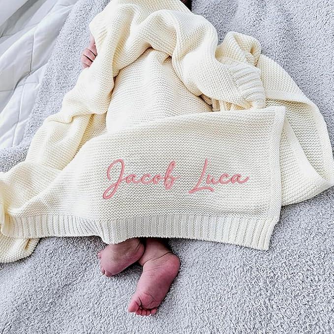 Luxury Personalized Name Knitted Baby Blanket -Embroidered, Soft Breathable Cotton Knit for Newborns - Valentine's Gift for New Moms, Baby Boy Girl Birthday Christmas.