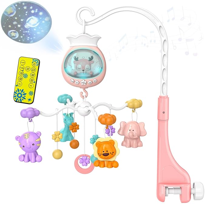 Crib Mobile with Music and Lights, Baby Mobiles for Cribs, Nursery Mobile Arm Hanging Toys for Bassinets Girls Boys Babies, Musical Infant Space Portable Mobiles Clip On Pack and Play Hanger