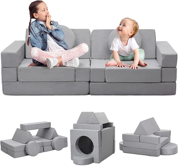 16Pcs Soft Play Blocks for Toddlers & Kids, Foam Climbing & Crawling Toys for Boys & Girls Aged 3+, Corner Climber Nugget Play Couch, Grey