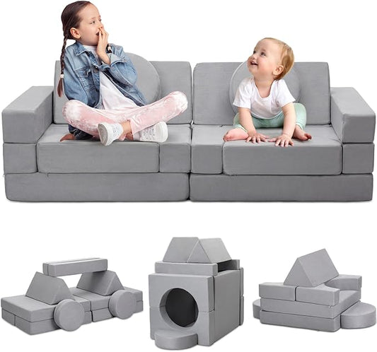 16Pcs Soft Play Blocks for Toddlers & Kids, Foam Climbing & Crawling Toys for Boys & Girls Aged 3+, Corner Climber Nugget Play Couch, Grey