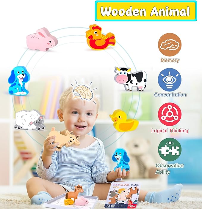 Wooden Animal Puzzles Toys for Toddlers,12 Pcs Farm Animal Figures,Animal Matching Sorting Stacking Toys for Boys Child Girls,Educational Learning Toys Gift for Kids